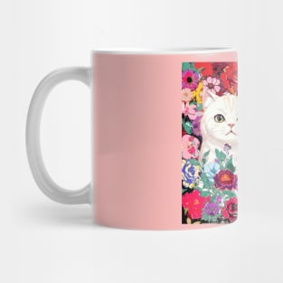 black and white cat, FLOWERS Mug